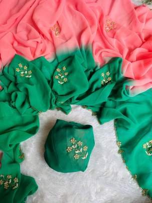 Peach Exclusive Duel Shade Hand Work Georgette Saree