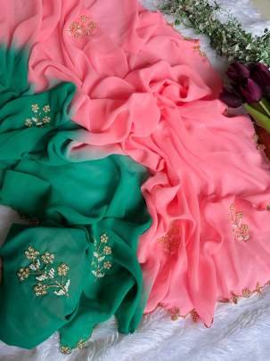 Peach Exclusive Duel Shade Hand Work Georgette Saree