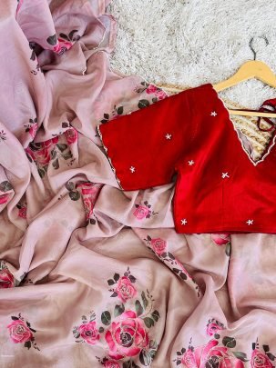 Peach Fancy Handwork Soft Dhahi Silk Organza Saree With Readymade Blouse