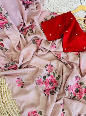 Peach Fancy Handwork Soft Dhahi Silk Organza Saree With Readymade Blouse