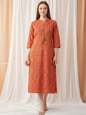 Peach Floral Print Cotton Straight Kurta with Tassel