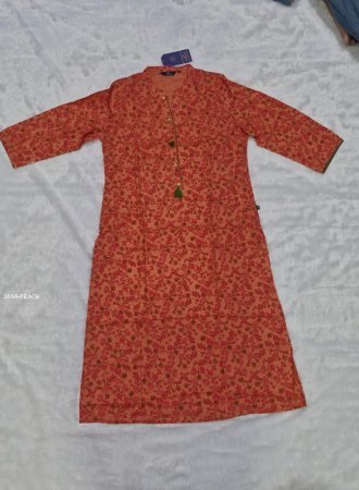Peach Floral Print Cotton Straight Kurta with Tassel