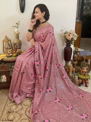 Peach Flower Embroider Work And Sequence Party Wear Georgette Saree 