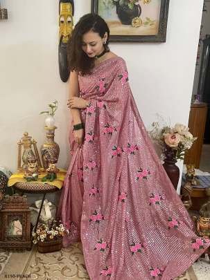 Peach Flower Embroider Work And Sequence Party Wear Georgette Saree