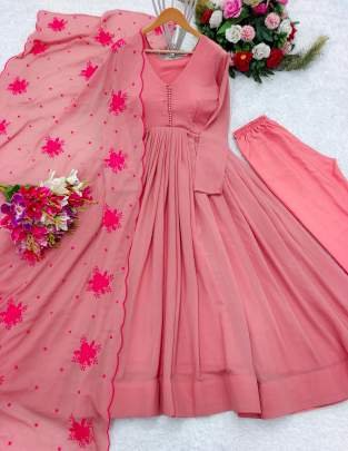 Peach Georgette Kurti Pant Dupatta Set