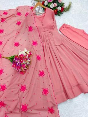 Peach Georgette Kurti Pant Dupatta Set