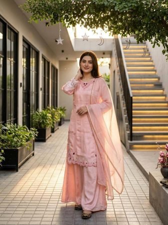Peach Heavy Roman Embroidered Kurti Palazzo Set