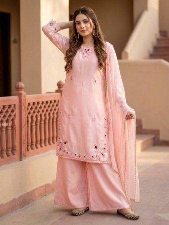 Peach Heavy Roman Embroidered Kurti Palazzo Set