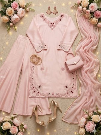 Peach Heavy Roman Embroidered Kurti Palazzo Set