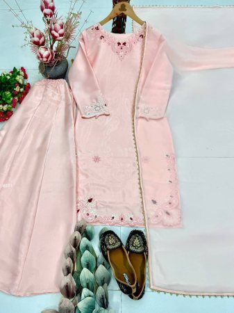 Peach Heavy Roman Embroidered Kurti Palazzo Set