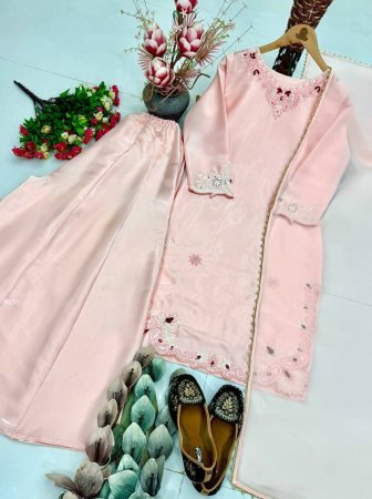 Peach Heavy Roman Embroidered Kurti Palazzo Set