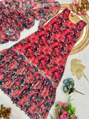 Peach Latest Floral Printed Georgette Gown Saree