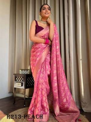Peach Luxury Look Pure Banarasi Soft Silk Saree