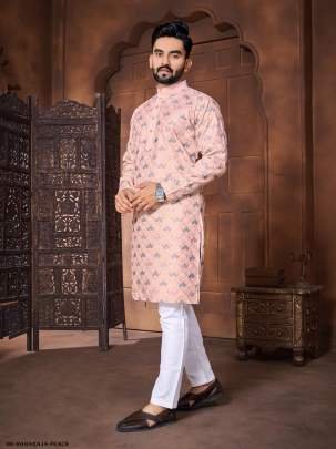 Peach Maharaja Emrboidered Italian Silk Men Kurta With Pajama
