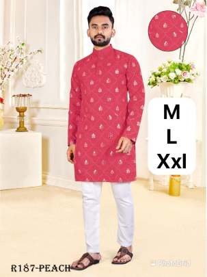 Peach New Special Mirror Work Cotton Men Kurta With Pajama