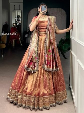 Peach Organza Lehenga Choli with Zari Work And Paithani Dupatta