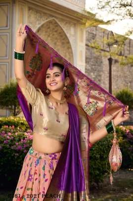 Peach Paithani Silk Jacquard Umbrella Lehenga With Matching Blouse And Dupatta