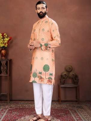 Peach Royal Heritage Printed Mens Kurta