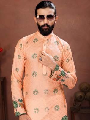 Peach Royal Heritage Printed Mens Kurta