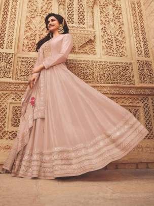 Peach Soft Silk Anarkali Semi Stitch Suit With Dupatta