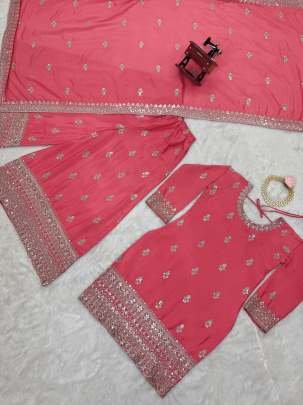 Peach Wedding Embroidery And Sequence Work Chinon Silk Top And Palazo Suits