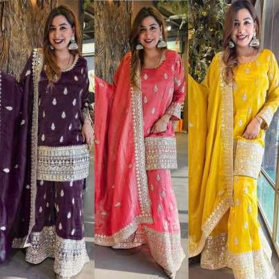 Peach Wedding Embroidery And Sequence Work Chinon Silk Top And Palazo Suits