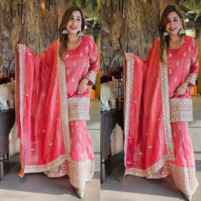 Peach Wedding Embroidery And Sequence Work Chinon Silk Top And Palazo Suits