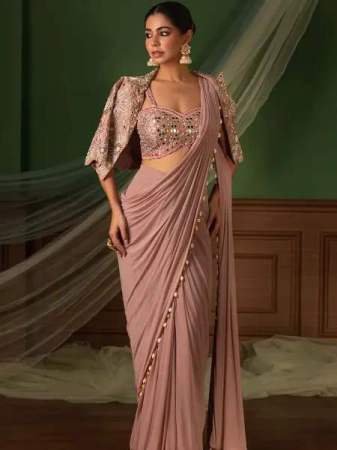 Peach Pink Silk Saree with Mirror Work Blouse and Designer Jacket