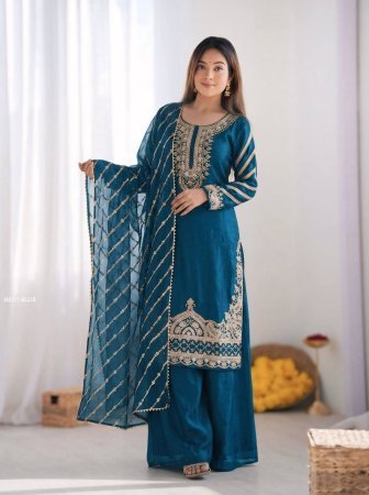 Peacock Blue Pure Fendy Silk Beads Work Sharara Suit Set With Designer Dupatta