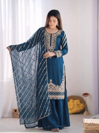 Peacock Blue Pure Fendy Silk Beads Work Sharara Suit Set With Designer Dupatta