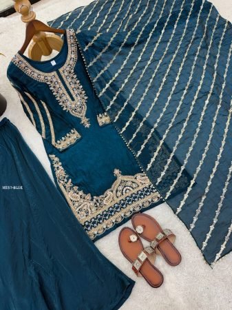 Peacock Blue Pure Fendy Silk Beads Work Sharara Suit Set With Designer Dupatta