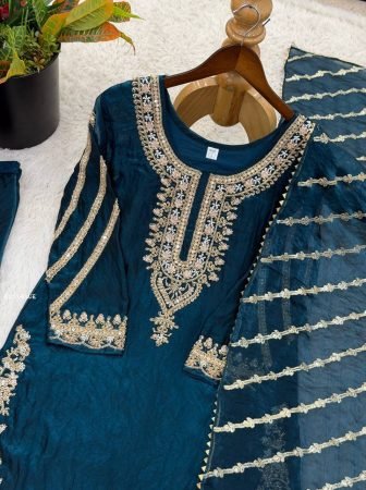 Peacock Blue Pure Fendy Silk Beads Work Sharara Suit Set With Designer Dupatta