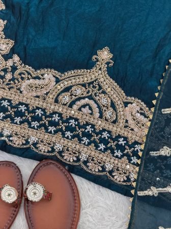 Peacock Blue Pure Fendy Silk Beads Work Sharara Suit Set With Designer Dupatta