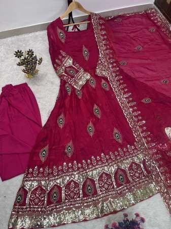 Peacock Fether Rani Pink Colour Anarkali Suit