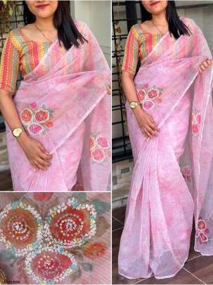 Pink 3D Digital Printed Soft Georgette Saree With Sequence Work