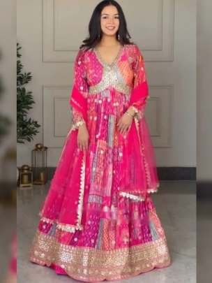 Pink Alia Cut Digital Print Gown Pant  Dupatta Set