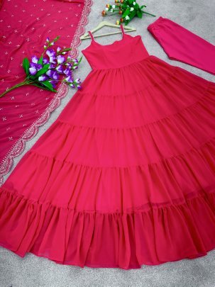 Pink Anarkali Faux Georgette Fully Ruffle Flair Gown
