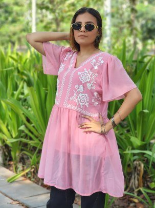 Pink Anarkali Top with Elegant White Embroidery