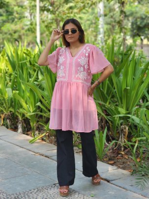 Pink Anarkali Top with Elegant White Embroidery