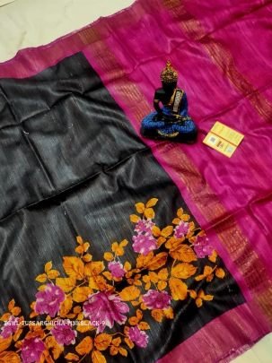 Pink And Black Floral Screen Printed Original Tussar Ghicha Silk Saree 9