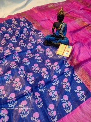 Pink And Blue Flower Screen Printed Original Tussar Ghicha Silk Saree 7