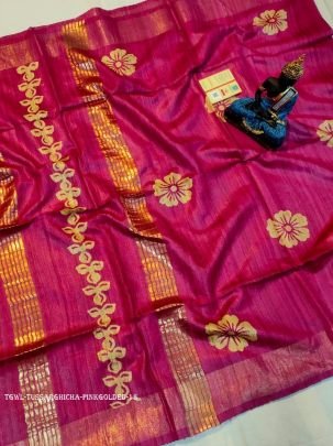 Pink And Golded Flower Screen Printed Original Tussar Ghicha Silk Saree 15