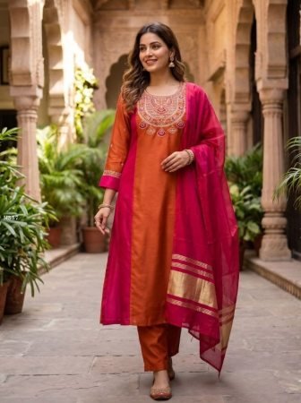 Pink And Ornage Combination Mul Chanderi Kurti Pant Set
