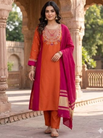 Pink And Ornage Combination Mul Chanderi Kurti Pant Set