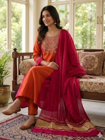 Pink And Ornage Combination Mul Chanderi Kurti Pant Set