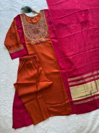 Pink And Ornage Combination Mul Chanderi Kurti Pant Set