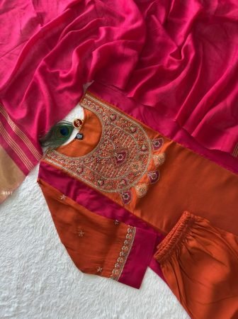 Pink And Ornage Combination Mul Chanderi Kurti Pant Set