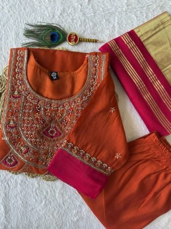 Pink And Ornage Combination Mul Chanderi Kurti Pant Set
