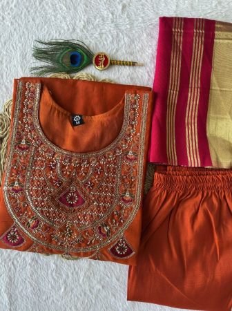 Pink And Ornage Combination Mul Chanderi Kurti Pant Set