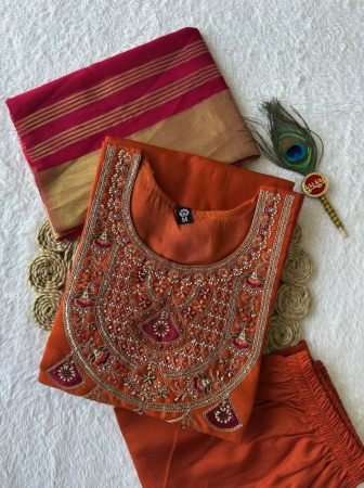 Pink And Ornage Combination Mul Chanderi Kurti Pant Set